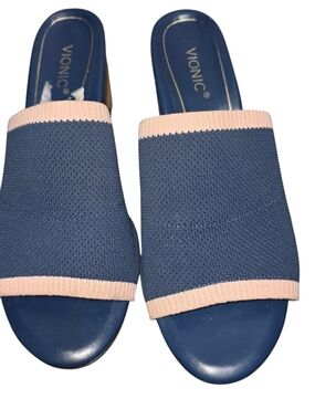 Vionic Fleur Knit Heeled Slide Sandals Navy Blush Block Heel Sz 9